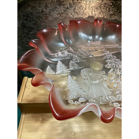 Mikasa “Christmas Story” Crystal Compote Candy/Fruit Dish Frosted With Red Trim - Picture 6 of 13